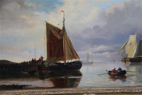 Gerardus Hendriks (Dutch 1804-1859) Sail barges and other shipping along the coast, 17 x 24in.